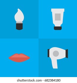 Vector Illustration Set Of Simple Beauty Icons. Elements Scrub, Lips, Drying Machine And Other Synonyms Kiss, Lipstick And Bottle.