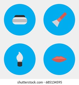 Vector Illustration Set Of Simple Beauty Icons. Elements Scrub, Brush, Lips And Other Synonyms Kiss, Scrub And Lipstick.