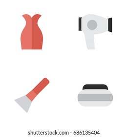 Vector Illustration Set Of Simple Beauty Icons. Elements Drying Machine, Dress, Brush And Other Synonyms Blow-Dryer, Garment And Cream.