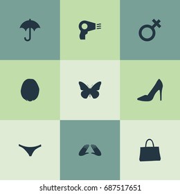 Vector Illustration Set Of Simple Beauty Icons. Elements Blowdryer, Nature, Elegant Footwear And Other Synonyms Umderwear, Manicure And Purse.