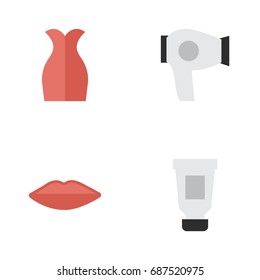 Vector Illustration Set Of Simple Beauty Icons. Elements Dress, Drying Machine, Toothpaste And Other Synonyms Toothpaste, Lips And Kiss.