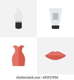 Vector Illustration Set Of Simple Beauty Icons. Elements Lips, Dress, Scrub And Other Synonyms Bottle, Lipstick And Garment.