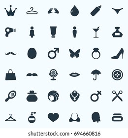 Vector Illustration Set Of Simple Beauty Icons. Elements Moisturizer, Mustaches, Kiss And Other Synonyms Butterfly, Mars And Heart.