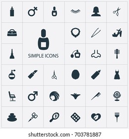 Vector Illustration Set Of Simple Beauty Icons. Elements Glass, Necklace, Style And Other Synonyms Coloring, Bottle And Rouge.