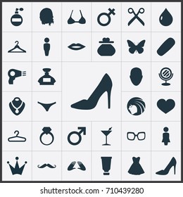 Vector Illustration Set Of Simple Beauty Icons. Elements Hanger, Kiss, Blowdryer And Other Synonyms Purse, Mars And Lips.