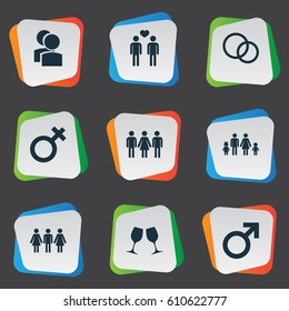Vector Illustration Set Of Simple Beloved Icons. Elements Wineglass, Woman, Lineage And Other Synonyms Partners, Candidate And Rings.
