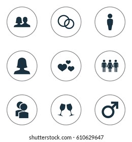 Vector Illustration Set Of Simple Beloved Icons. Elements Candidate, Mates, Male Synonyms Gentleman, People And Wife.