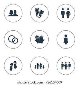 Vector Illustration Set Of Simple Beloved Icons. Elements Mates, Candidate, Glove Synonyms People, Woman And Diving.