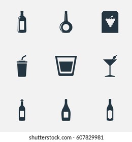 Vector Illustration Set Of Simple Beverage Icons. Elements Cup, Vine, Cocktail And Other Synonyms Grape, Drink And Plastic.
