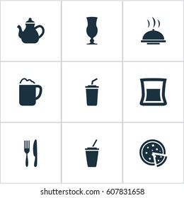 Vector Illustration Set Of Simple Beverage Icons. Elements Coffee Late, Pub, Food Tray And Other Synonyms Tea, Alcohol And Restaurant.