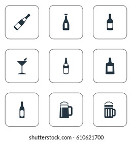 Vector Illustration Set Of Simple Beverage Icons. Elements Beverage, Bottle, Champagne And Other Synonyms Whiskey, Pint And Drink.