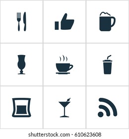 Vector Illustration Set Of Simple Beverage Icons. Elements Fork With Knife, Wireless Connection, Coffee Late And Other Synonyms Like, Alcohol And Tea.