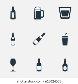 Vector Illustration Set Of Simple Beverage Icons. Elements Wine, Plastic Mug, Cup And Other Synonyms Wine, Coffee And Cognac.