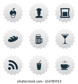 Vector Illustration Set Of Simple Beverage Icons. Elements Tea, Wineglass, Glass And Other Synonyms Bakery, Toast And Internet.