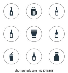 Vector Illustration Set Of Simple Beverage Icons. Elements Plastic Mug, Beverage, Bottle And Other Synonyms Coffee, Container And Drugs.