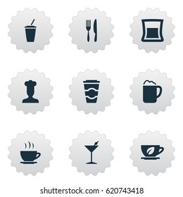 Vector Illustration Set Of Simple Beverage Icons. Elements Gastronomy, Pub, Fork With Knife And Other Synonyms Drink, Martini And Pub.