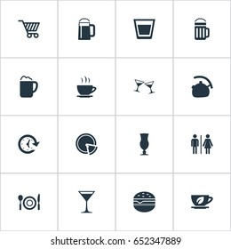 Vector Illustration Set Of Simple Beverage Icons. Elements Wineglass, Working Time, Alcohol Serving And Other Synonyms Alcohol, Leaf And Wineglass.