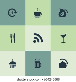 Vector Illustration Set Of Simple Beverage Icons. Elements Refreshment, Tea, Wireless Connection And Other Synonyms Alcohol, Laying And Pub.