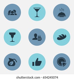 Vector Illustration Set Of Simple Beverage Icons. Elements Bread, Beerhouse, Food Tray And Other Synonyms Champagne, Lemonade And Family.