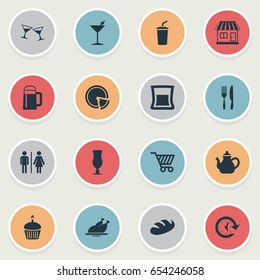 Vector Illustration Set Of Simple Beverage Icons. Elements Martini, Celebration, Coffee Late And Other Synonyms Wineglasses, Tea And Clock.