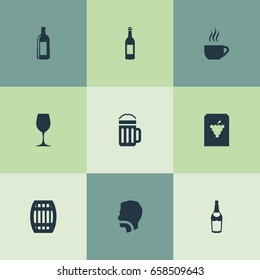 Vector Illustration Set Of Simple Beverage Icons. Elements Cognac, Liquor, Beer And Other Synonyms Liquor, Cask And Champagne.