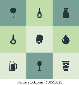 Vector Illustration Set Of Simple Beverage Icons. Elements Cardboard Container, Tumbler, Alcohol And Other Synonyms Tumbler, Party And Goblet.