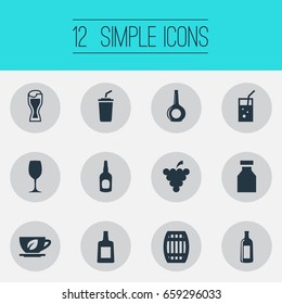 Vector Illustration Set Of Simple Beverage Icons. Elements Cask, Brandy, Cola Synonyms Wine, Pub And Tea.