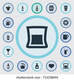 Vector Illustration Set Of Simple Beverage Icons. Elements Drink, Fresh Bar, Ketchup And Other Synonyms Martini, Vodka And Vitamin.