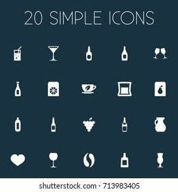Vector Illustration Set Of Simple Beverage Icons. Elements Herbal Brew, Whiskey, Juice And Other Synonyms Brandy, Grapes And Alcohol.