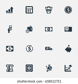 Vector Illustration Set Of Simple Bill Icons. Elements Bank Truck, Economy, Full Sack And Other Synonyms Armored, Savings And Growth.