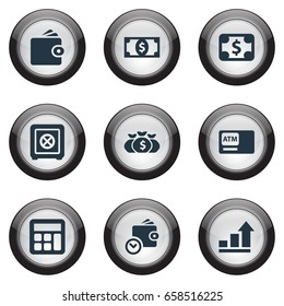Vector Illustration Set Of Simple Bill Icons. Elements Atm, Secure Box, Purse And Other Synonyms Currency, Bank And Box.