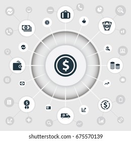 Vector Illustration Set Of Simple Bill Icons. Elements Increase Graph, Premium, Statistic And Other Synonyms Bill, Greenback And Revenue.