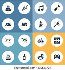 Vector Illustration Set Of Simple Birthday Icons. Elements Caramel, Beverage, Firecracker And Other Synonyms Explosion, Joystick And Firework.