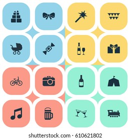Vector Illustration Set Of Simple Birthday Icons. Elements Circus, Present, Train And Other Synonyms Baby, Sweet And Sound.