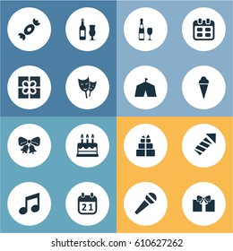 Vector Illustration Set Of Simple Birthday Icons. Elements Sweet Dessert, Mask, Circus And Other Synonyms Salute, Resonate And Cream.
