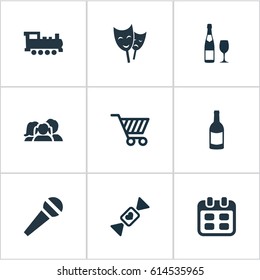 Vector Illustration Set Of Simple Birthday Icons. Elements Caramel, Domestic, Beverage And Other Synonyms Sweet, Domestic And Champagne.
