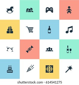 Vector Illustration Set Of Simple Birthday Icons. Elements Group, Domestic, Celebrating And Other Synonyms Joystick, Cart And Cracker.