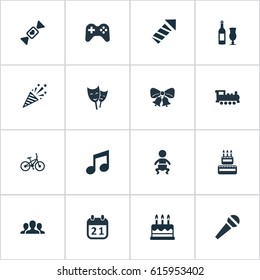 Vector Illustration Set Of Simple Birthday Icons. Elements Caramel, Special Day, Beverage And Other Synonyms Firework, Firecracker And Fun.