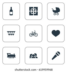 Vector Illustration Set Of Simple Birthday Icons. Elements Soul, Baby Carriage, Decorations; And Other Synonyms Decorations, Baby And Train.