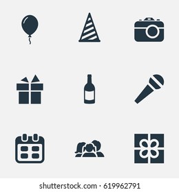 Vector Illustration Set Of Simple Birthday Icons. Elements Aerostat, Camera, Days And Other Synonyms Sky, Gift And Family.