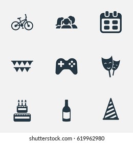 Vector Illustration Set Of Simple Birthday Icons. Elements Decorations;, Mask, Domestic And Other Synonyms Date, Bike And Play.