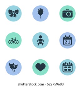 Vector Illustration Set Of Simple Birthday Icons. Elements Camera, Mask, Infant And Other Synonyms Days, Bells And Camera.