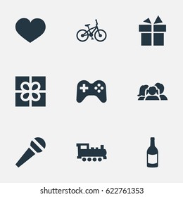Vector Illustration Set Of Simple Birthday Icons. Elements Bicycle, Soul, Beverage And Other Synonyms Present, Joystick And Steam.