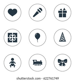 Vector Illustration Set Of Simple Birthday Icons. Elements Cap, Ribbon, Aerostat And Other Synonyms Steam, Resonate And Jingle.