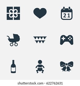 Vector Illustration Set Of Simple Birthday Icons. Elements Game, Soul, Resonate And Other Synonyms Stroller, Bells And Party.