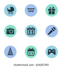 Vector Illustration Set Of Simple Birthday Icons. Elements Speech, Ribbon, Cap And Other Synonyms Stroller, Microphone And Speech.