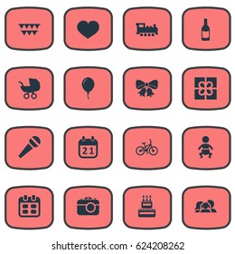 Vector Illustration Set Of Simple Birthday Icons. Elements Special Day, Train, Baby Carriage And Other Synonyms Sweetmeat, Aerostat And Schedule.