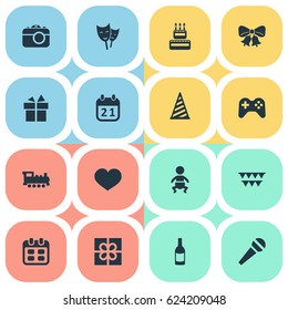 Vector Illustration Set Of Simple Birthday Icons. Elements Special Day, Ribbon, Box And Other Synonyms Theater, Photography And Resonate.