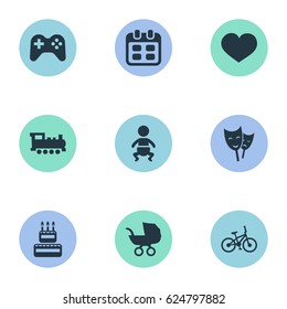 Vector Illustration Set Of Simple Birthday Icons. Elements Soul, Days, Confectionery And Other Synonyms Carriage, Locomotive And Schedule.