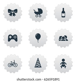 Vector Illustration Set Of Simple Birthday Icons. Elements Bicycle, Domestic, Beverage And Other Synonyms Kid, Beverage And Party.